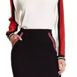 RO & DE White Blouse Red Black Sleeve Stripes Sz MED Elastic Cuffs Back Zipper